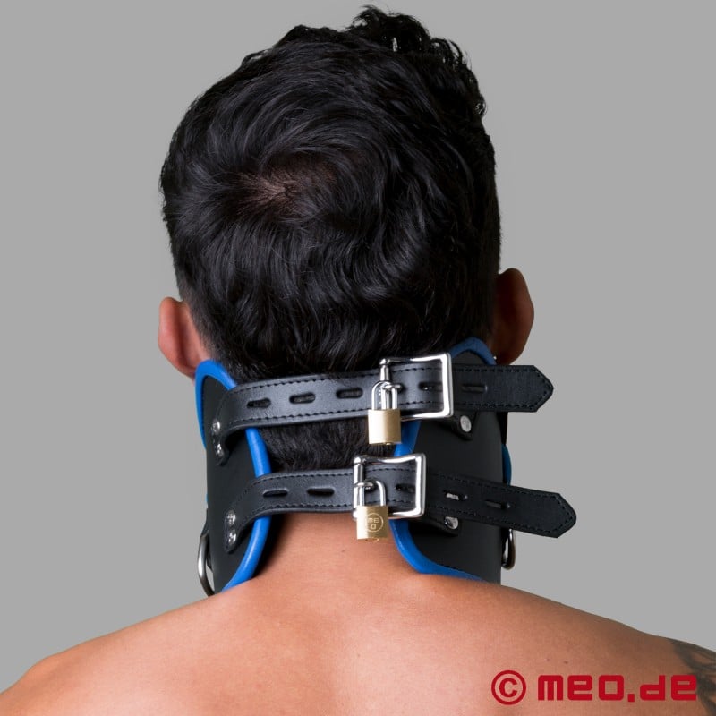 Abschließbares Posture Collar aus Leder – schwarz/blau