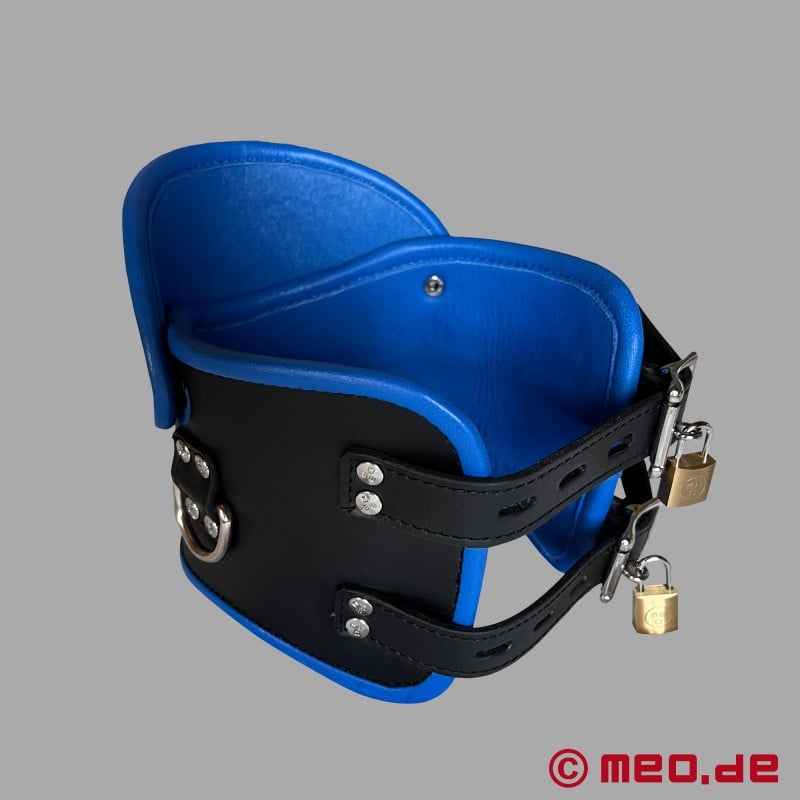 Abschließbares Posture Collar aus Leder – schwarz/blau