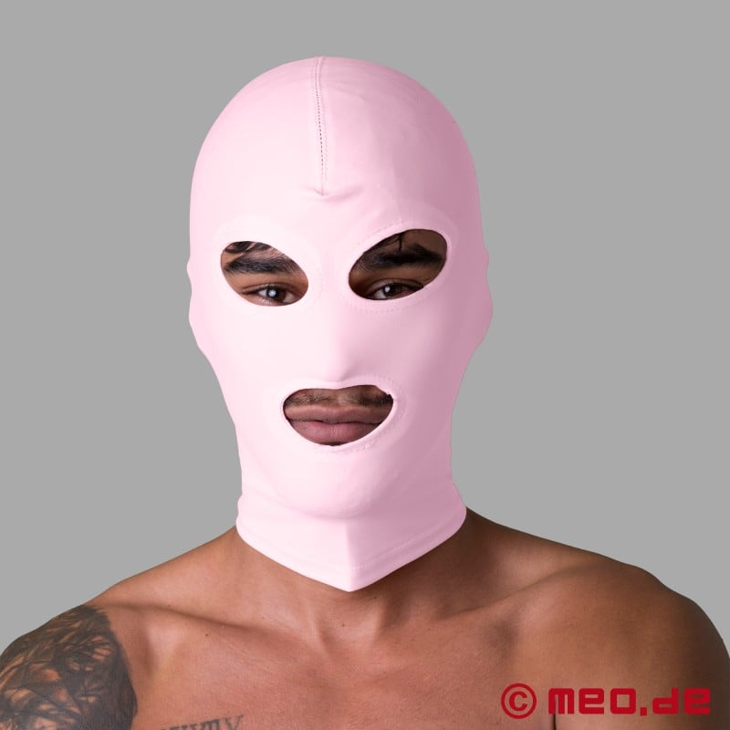 Pembe BDSM fetiş maskesi - ağız ve gözler için açıklıkları olan spandex maske