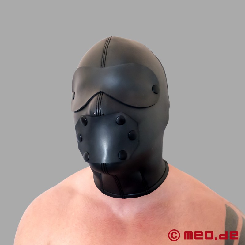 Göz maskeli ve ağız kapaklı neopren Bonnet BDSM