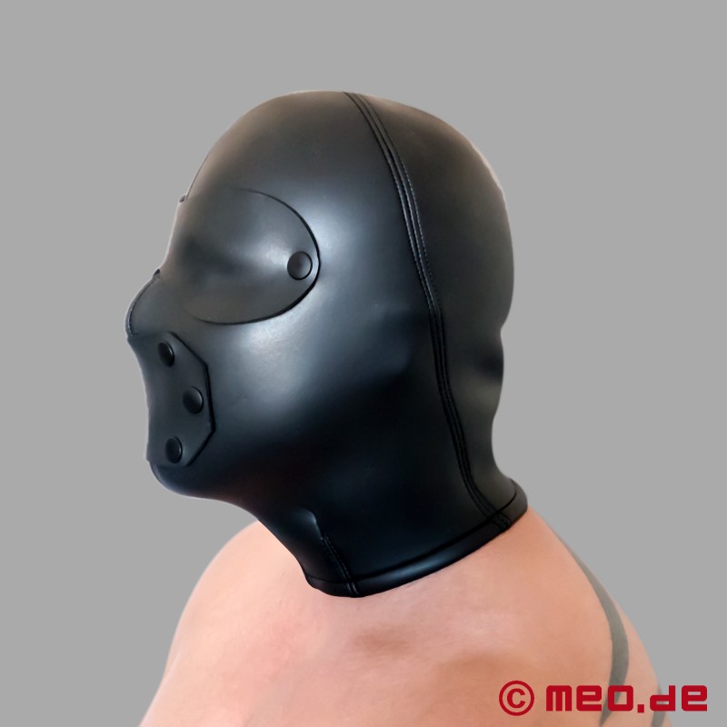 Göz maskeli ve ağız kapaklı neopren Bonnet BDSM