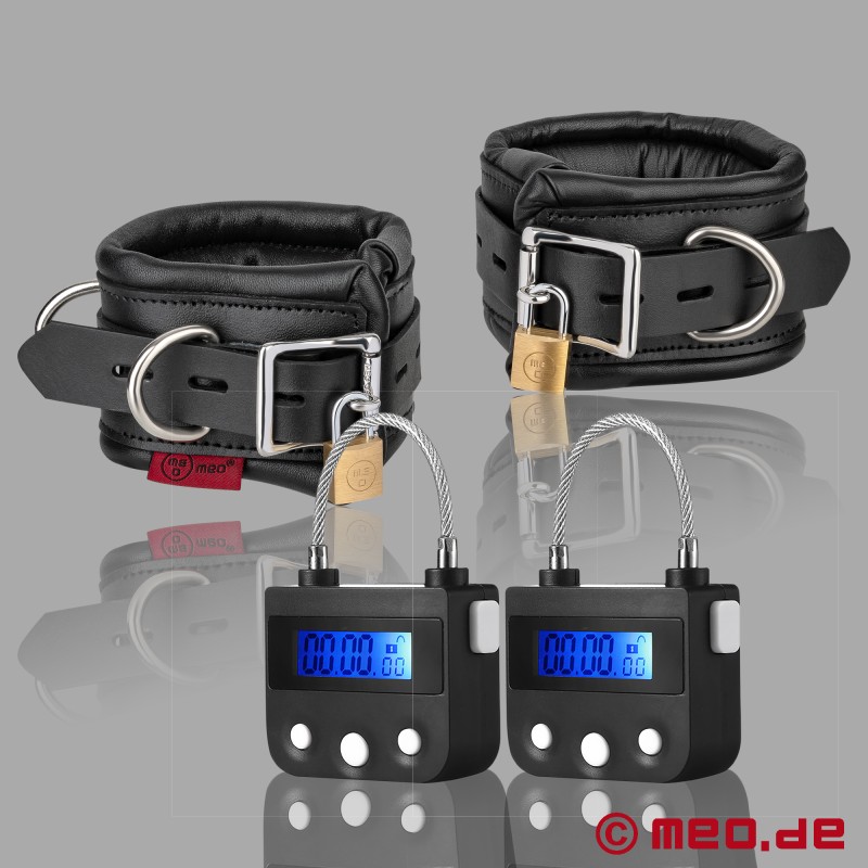 Leather ankle cuffs, lockable with time lock, padded - 1