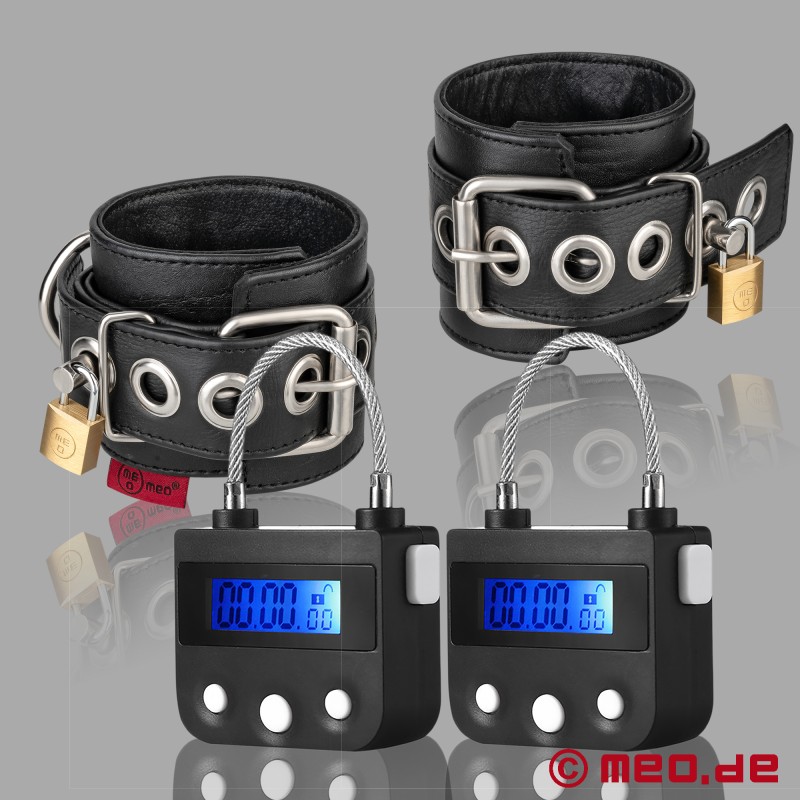 Leather wrist cuffs, padded, with MEOBOND time locks for self bondage - 2