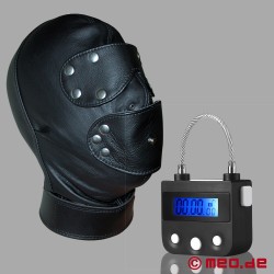 Masque de bondage en cuir avec cadenas à minuterie