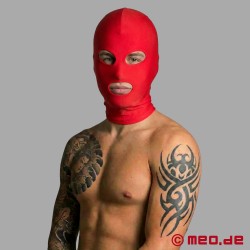 Masque BDSM rouge en spandex - cagoule bondage avec ouvertures pour les yeux et la bouche - Thumbnail
