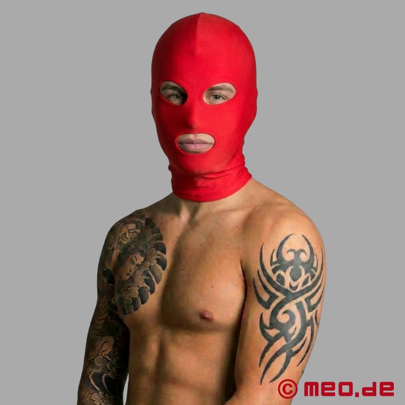 Rote BDSM-Maske aus Spandex – Bondage-Haube mit Augen- und Mundöffnung - 1
