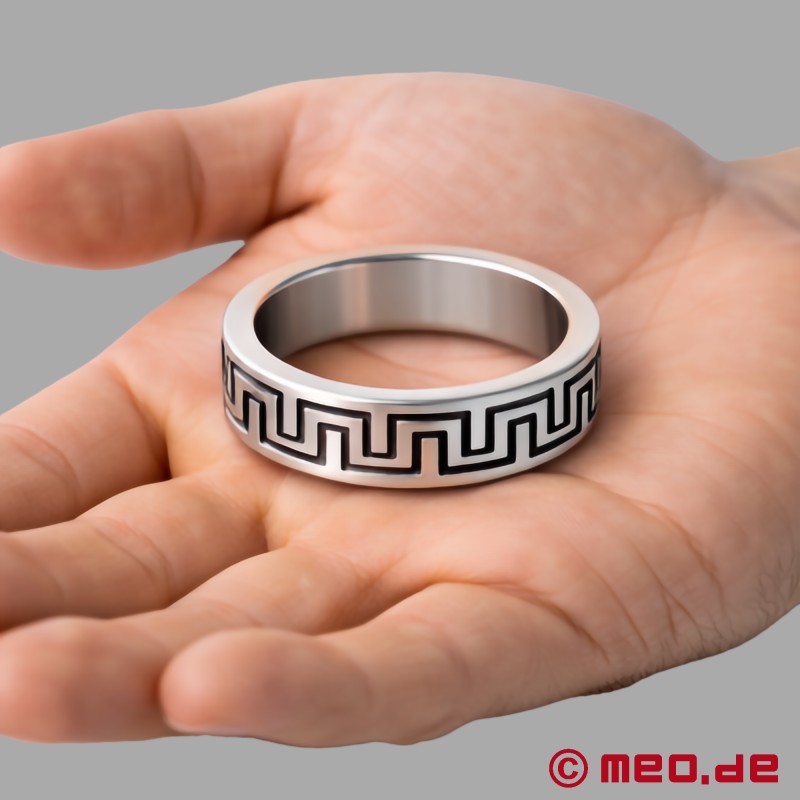 带有 "La Greca "图案的奢华 Cock Ring - 银色，黑色镶饰 - 4