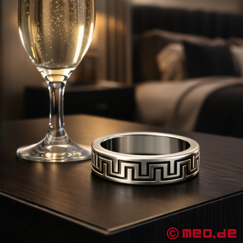 Lyxig cockring med "La Greca"-mönster - silverfärgad med svart inläggning - 5