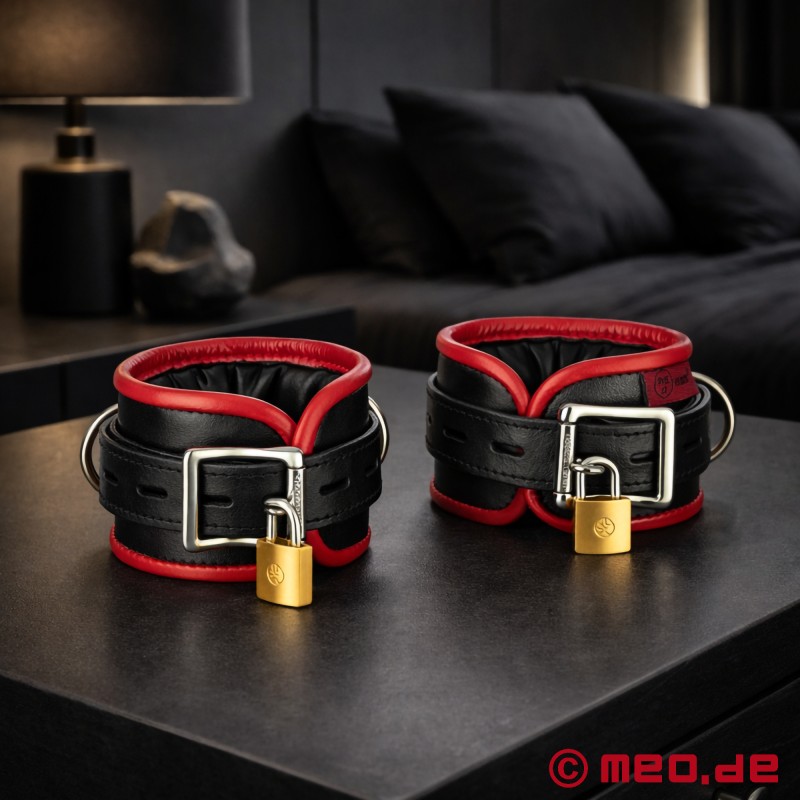Menottes en cuir, rembourrées - noir / rouge - AMSTERDAM - 1
