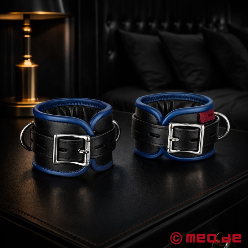 Leather ankle cuffs, padded - black / blue - AMSTERDAM - 2