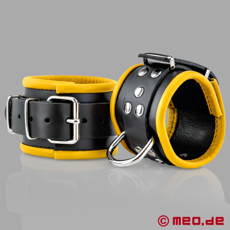 Distinct™ Padded Leather Wrist Restraints - Black & Yellow by MEO® - 3