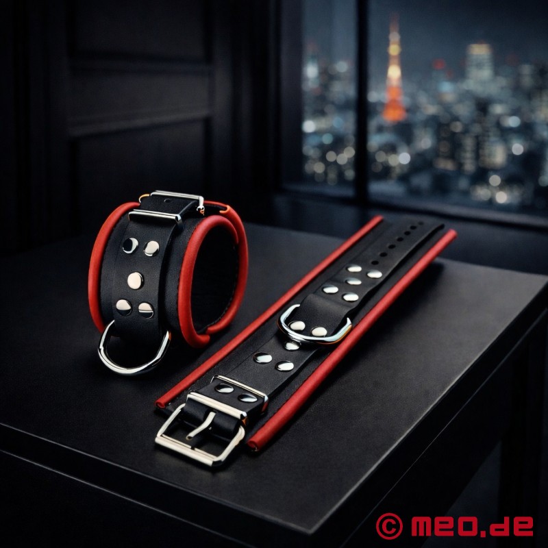 Leather ankle cuffs, padded - black / red - 1