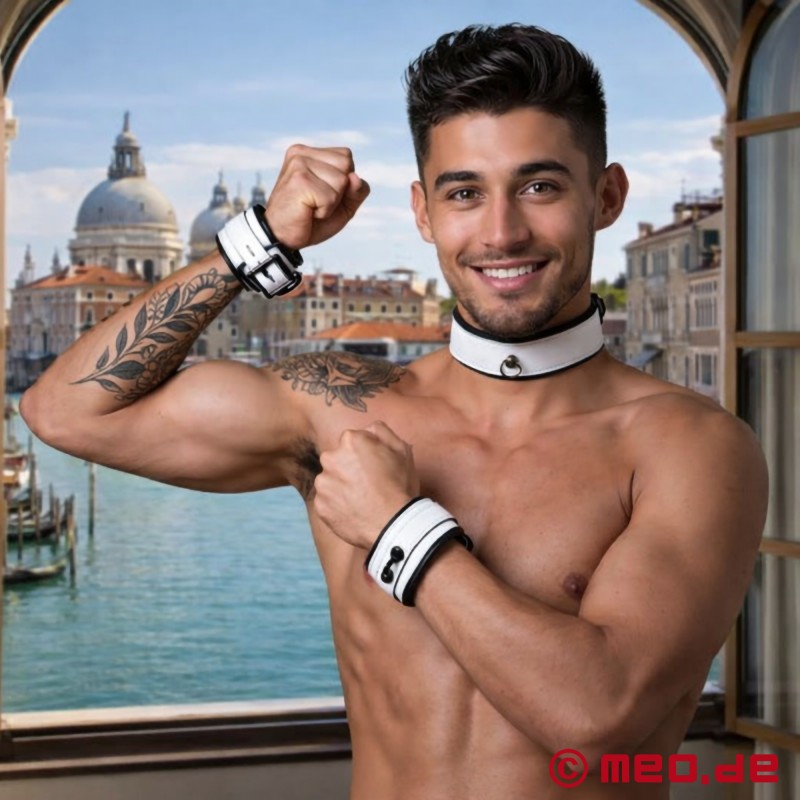 White Leather Wrist Cuffs, Lockable – Venezia Collection with Italian Flair by MEO - 2