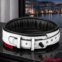 Lukittava valkoinen nahkaisen muotoilun omaava bondage-kaulus, Venezia-mallisto