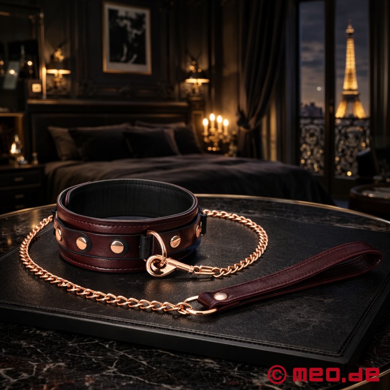 Collare BDSM in pelle con guinzaglio, bordeaux, imbottito - NOBLESSE - 1
