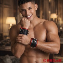 Esposas de cuero, acolchadas, negro/rojo, colección Amsterdam - Thumbnail