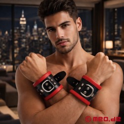 Distinct™ Padded Leather Wrist Restraints - Black & Red by MEO® - Thumbnail