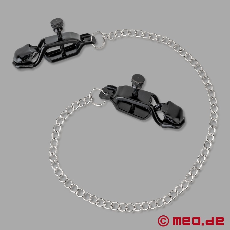 Spenelių spaustukai Black Tiger - Reguliuojami BDSM spenelių spaustukai su plienine grandine - 3