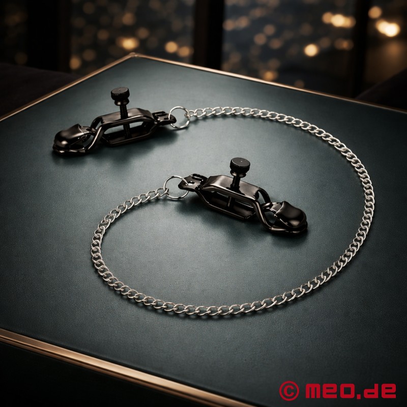 Κλιπ για θηλές Black Tiger - Ρυθμιζόμενα κλιπ θηλών BDSM με ατσάλινη αλυσίδα - 2