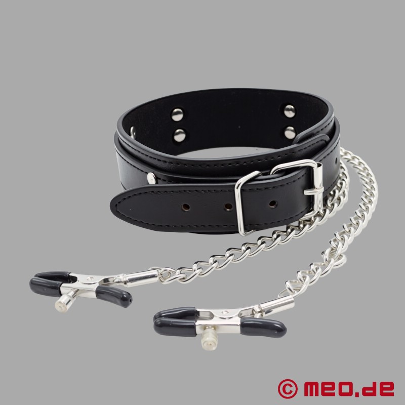 带乳头夹 (rǔtóu jiā) 的 BDSM 项圈 - 纯皮革 - 5