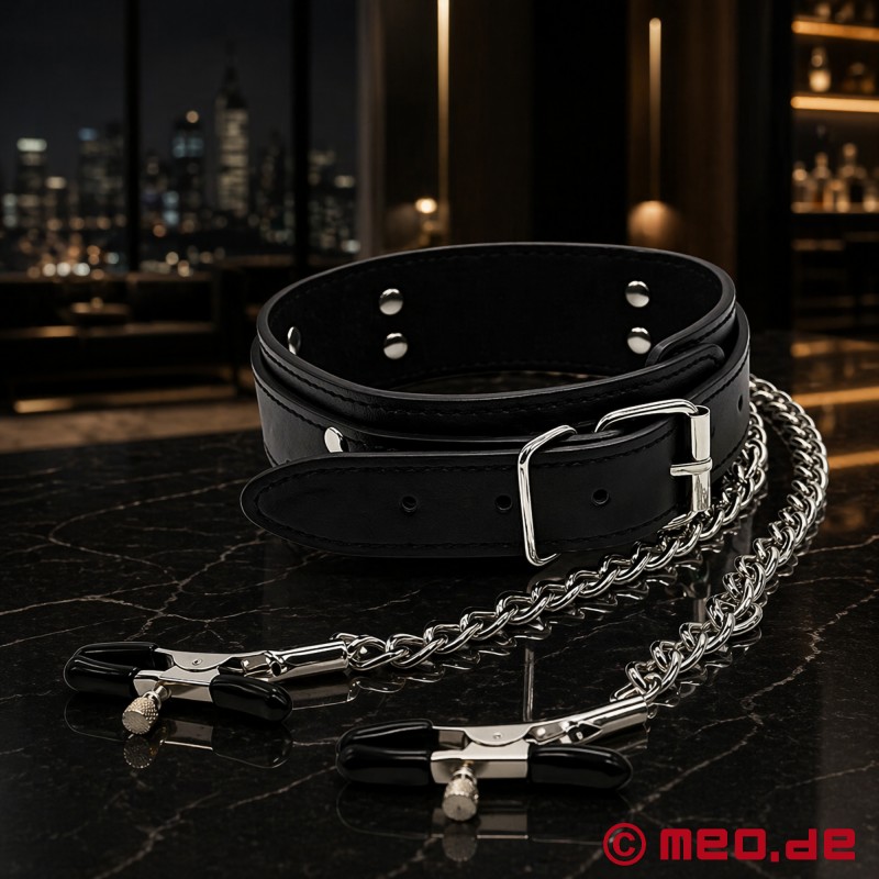 Collar BDSM con pinzas para pezones - cuero vegano - 2