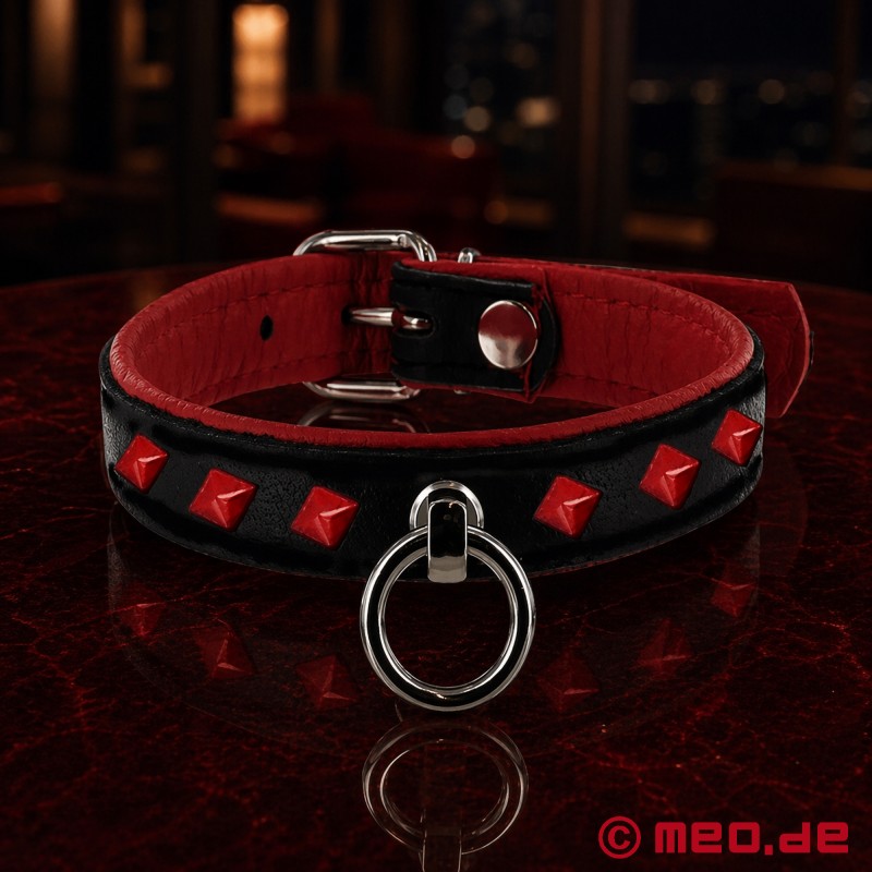 Leather Slave Collar with O-Ring & Rivets - Black/Red BDSM Collar - 2