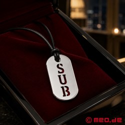 MEO® Kink Fetish Tag™ Sub - Kožený obojek s přívěskem z nerezové oceli - Thumbnail